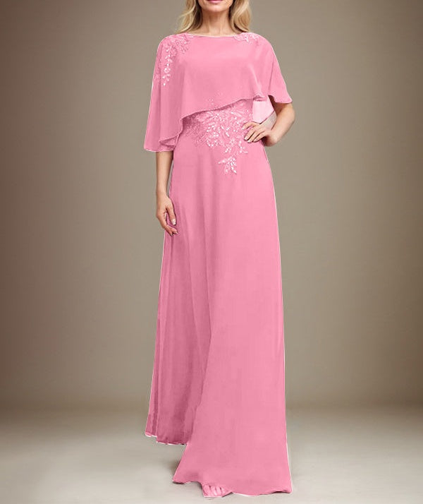 A-line Scoop Floor-Length Chiffon Lace Mother of the Bride Dress With Sequins Beading