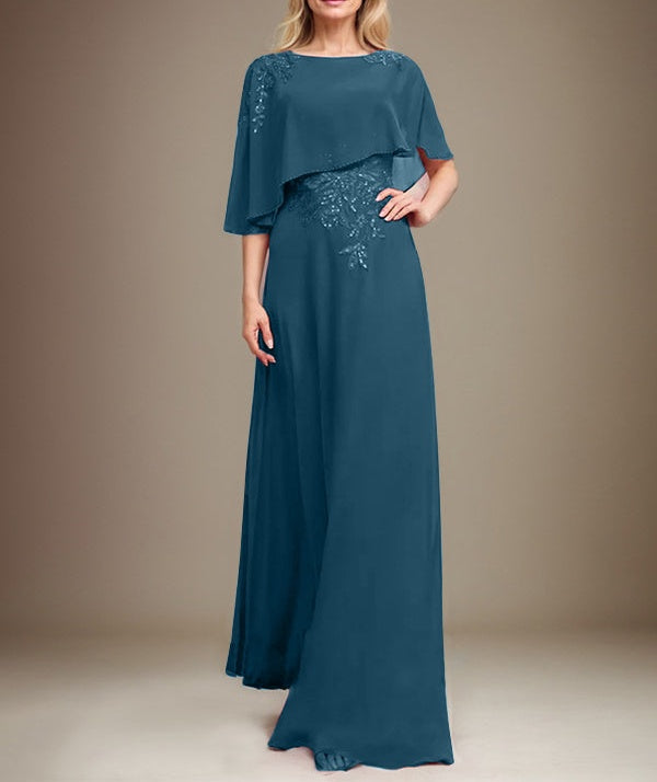 A-line Scoop Floor-Length Chiffon Lace Mother of the Bride Dress With Sequins Beading