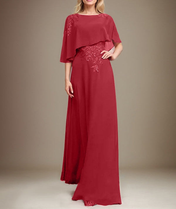 A-line Scoop Floor-Length Chiffon Lace Mother of the Bride Dress With Sequins Beading