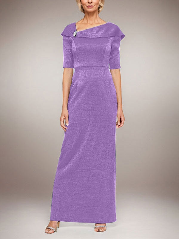 Long Shimmer Column Dress with Foldover Cuff L-Neckline and Elbow Sleeves