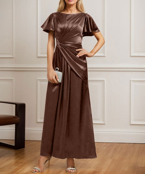 A-line Scoop Ankle-Length Stretch Satin Mother of the Bride Dress With Pleated Beading