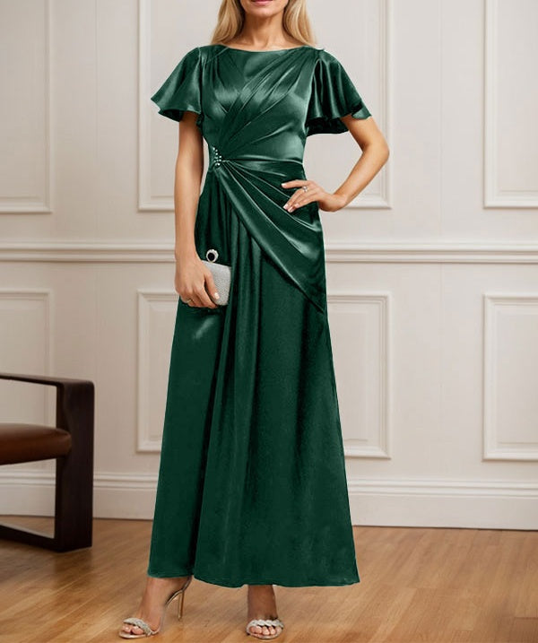 A-line Scoop Ankle-Length Stretch Satin Mother of the Bride Dress With Pleated Beading
