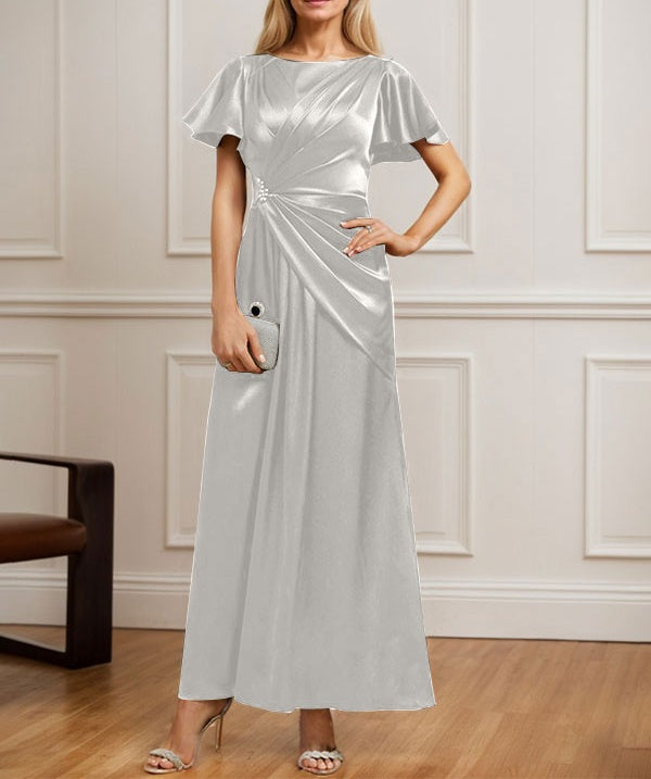 A-line Scoop Ankle-Length Stretch Satin Mother of the Bride Dress With Pleated Beading