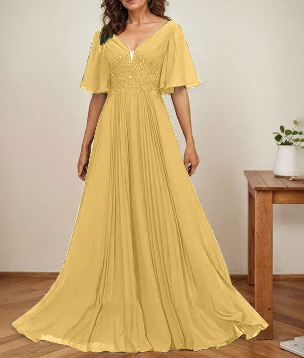 A-line V-Neck Floor-Length Chiffon Mother of the Bride Dress With Sequins Appliques Lace Pleated