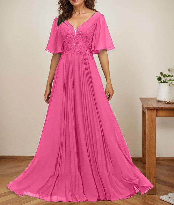 A-line V-Neck Floor-Length Chiffon Mother of the Bride Dress With Sequins Appliques Lace Pleated