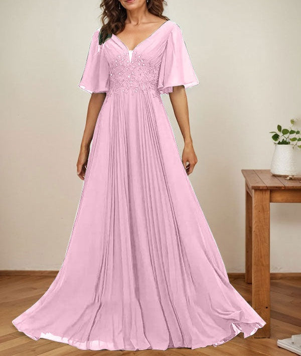 A-line V-Neck Floor-Length Chiffon Mother of the Bride Dress With Sequins Appliques Lace Pleated