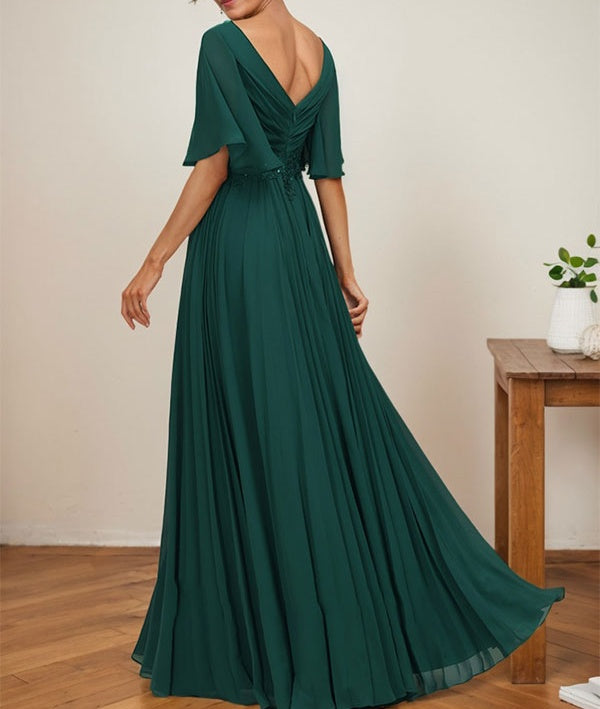 A-line V-Neck Floor-Length Chiffon Mother of the Bride Dress With Sequins Appliques Lace Pleated