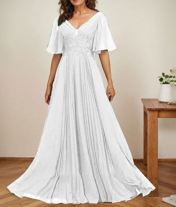 A-line V-Neck Floor-Length Chiffon Mother of the Bride Dress With Sequins Appliques Lace Pleated