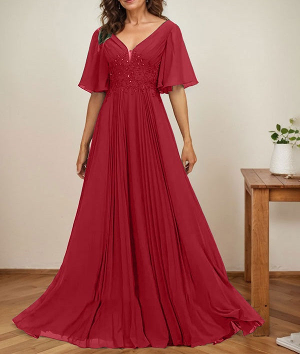 A-line V-Neck Floor-Length Chiffon Mother of the Bride Dress With Sequins Appliques Lace Pleated