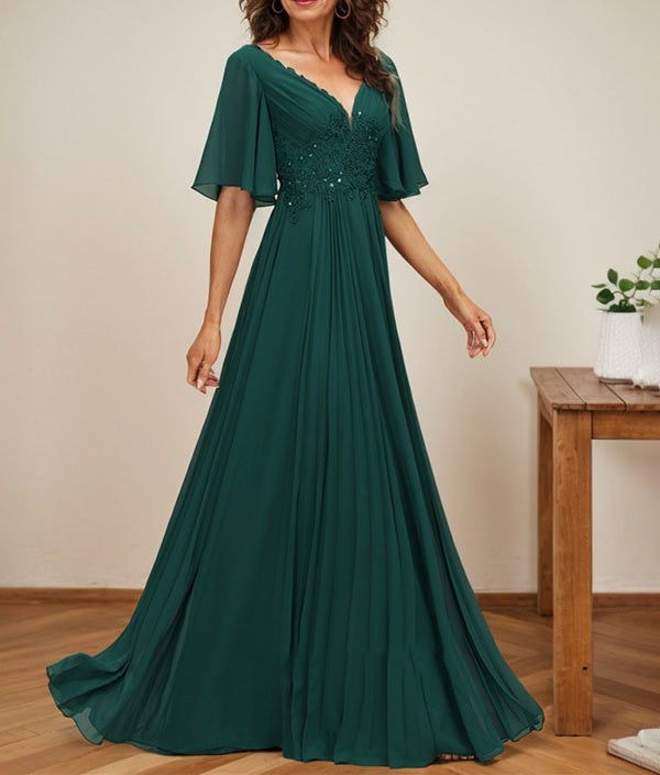 A-line V-Neck Floor-Length Chiffon Mother of the Bride Dress With Sequins Appliques Lace Pleated