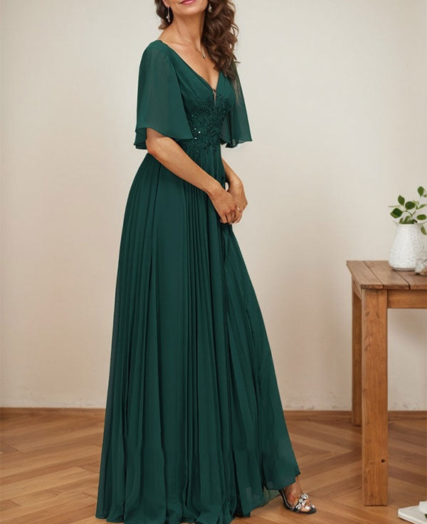A-line V-Neck Floor-Length Chiffon Mother of the Bride Dress With Sequins Appliques Lace Pleated