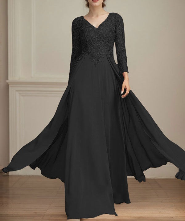 A-line V-Neck Floor-Length Lace Chiffon Mother of the Bride Dress With Sequins