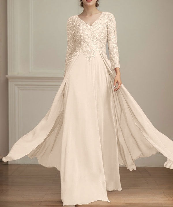 A-line V-Neck Floor-Length Lace Chiffon Mother of the Bride Dress With Sequins