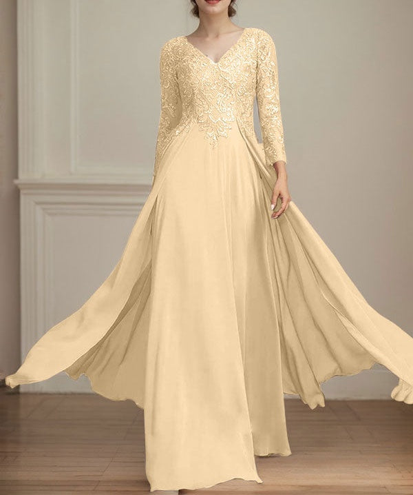 A-line V-Neck Floor-Length Lace Chiffon Mother of the Bride Dress With Sequins
