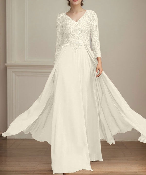 A-line V-Neck Floor-Length Lace Chiffon Mother of the Bride Dress With Sequins