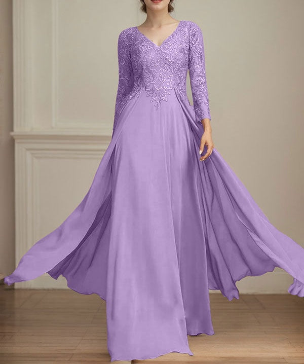 A-line V-Neck Floor-Length Lace Chiffon Mother of the Bride Dress With Sequins
