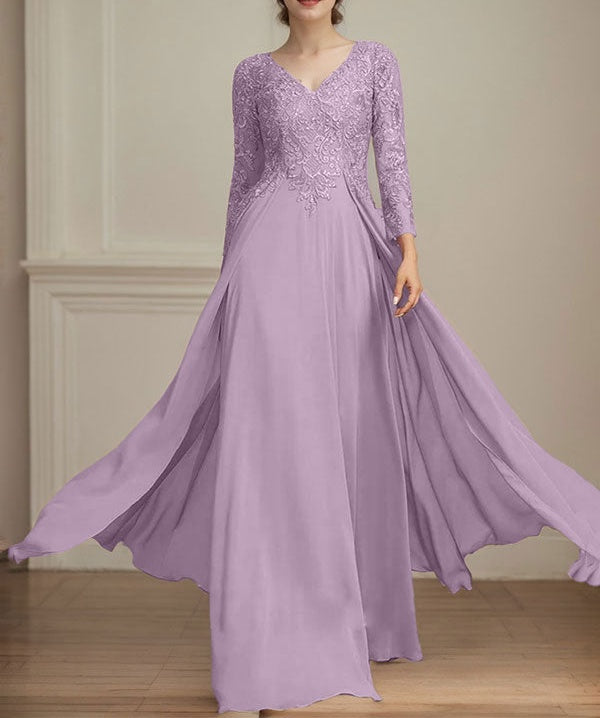 A-line V-Neck Floor-Length Lace Chiffon Mother of the Bride Dress With Sequins
