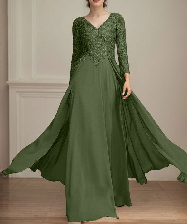 A-line V-Neck Floor-Length Lace Chiffon Mother of the Bride Dress With Sequins