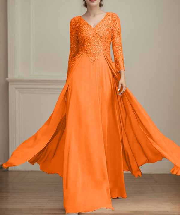 A-line V-Neck Floor-Length Lace Chiffon Mother of the Bride Dress With Sequins