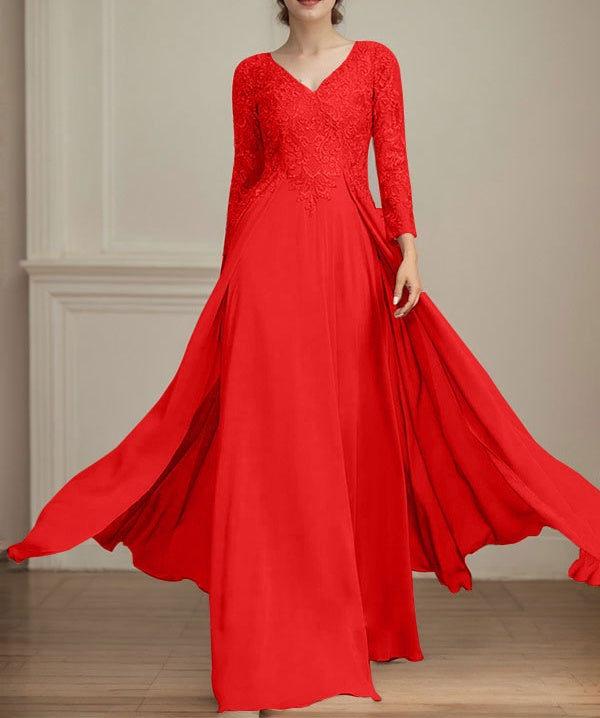 A-line V-Neck Floor-Length Lace Chiffon Mother of the Bride Dress With Sequins
