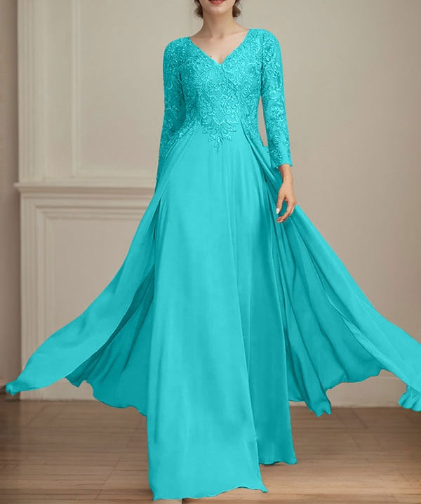 A-line V-Neck Floor-Length Lace Chiffon Mother of the Bride Dress With Sequins