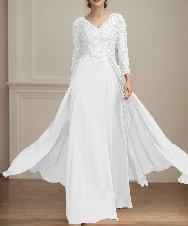 A-line V-Neck Floor-Length Lace Chiffon Mother of the Bride Dress With Sequins