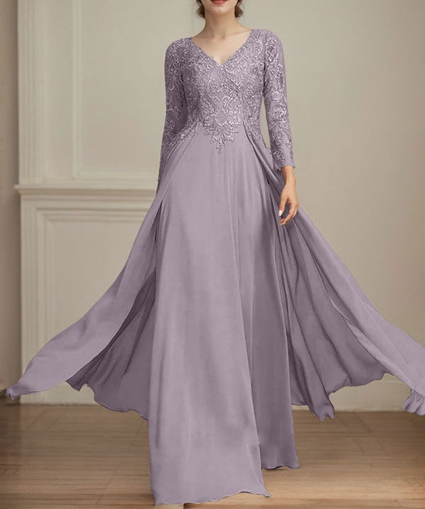 A-line V-Neck Floor-Length Lace Chiffon Mother of the Bride Dress With Sequins