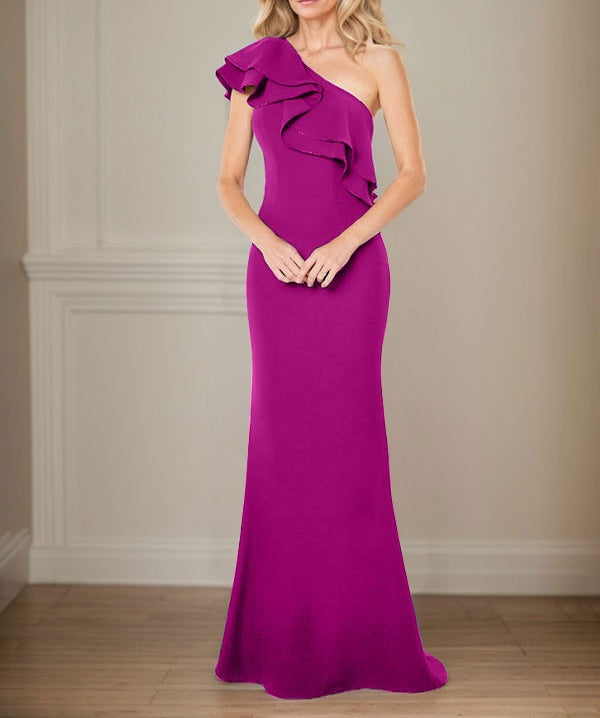 A-line One Shoulder Floor-Length Chiffon Mother of the Bride Dress With Ruffles