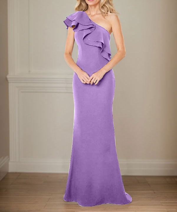 A-line One Shoulder Floor-Length Chiffon Mother of the Bride Dress With Ruffles