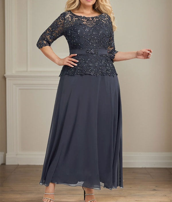A-line Scoop Illusion Ankle-Length Chiffon Lace Mother of the Bride Dress With Rhinestone Beading