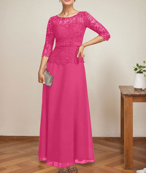A-line Scoop Illusion Ankle-Length Chiffon Lace Mother of the Bride Dress With Rhinestone Beading