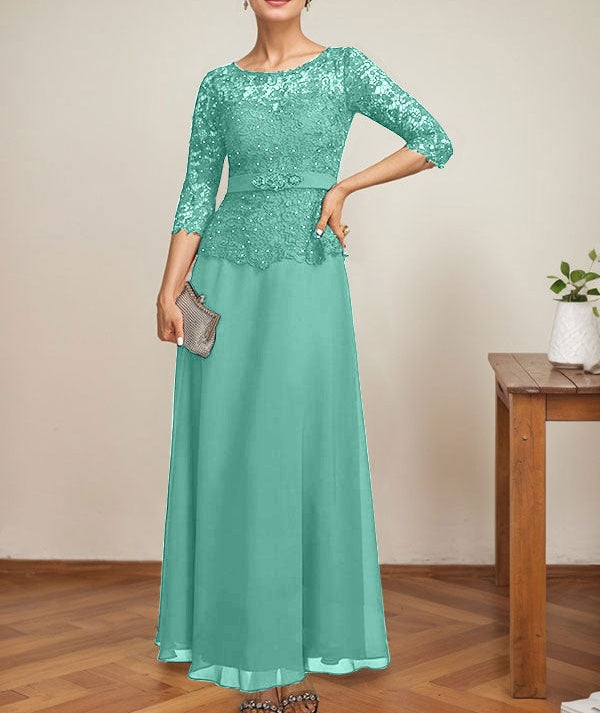 A-line Scoop Illusion Ankle-Length Chiffon Lace Mother of the Bride Dress With Rhinestone Beading