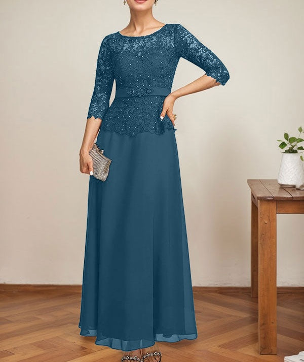 A-line Scoop Illusion Ankle-Length Chiffon Lace Mother of the Bride Dress With Rhinestone Beading