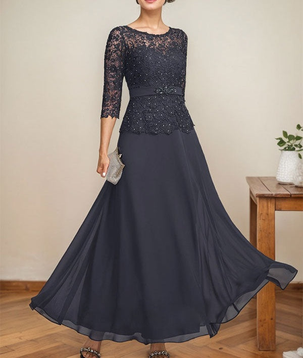 A-line Scoop Illusion Ankle-Length Chiffon Lace Mother of the Bride Dress With Rhinestone Beading