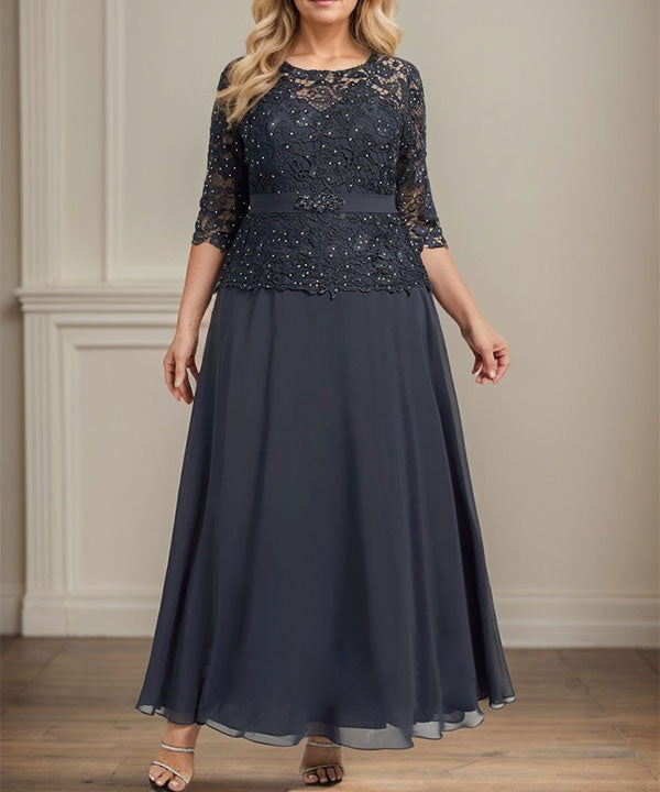 A-line Scoop Illusion Ankle-Length Chiffon Lace Mother of the Bride Dress With Rhinestone Beading
