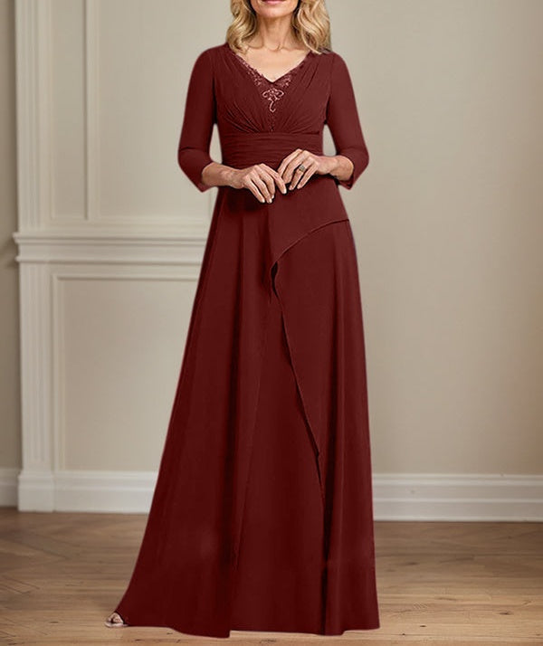 A-line V-Neck Floor-Length Chiffon Mother of the Bride Dress With Pleated Beading