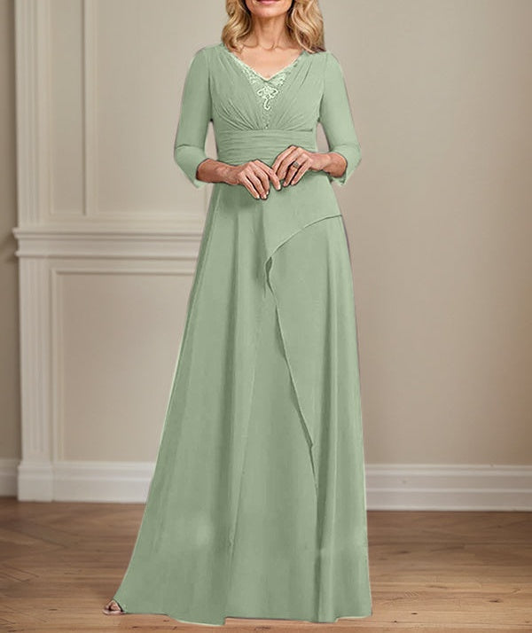 A-line V-Neck Floor-Length Chiffon Mother of the Bride Dress With Pleated Beading
