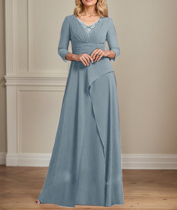 A-line V-Neck Floor-Length Chiffon Mother of the Bride Dress With Pleated Beading