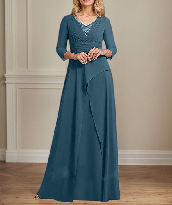 A-line V-Neck Floor-Length Chiffon Mother of the Bride Dress With Pleated Beading