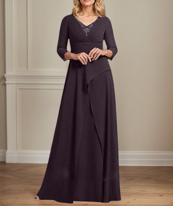 A-line V-Neck Floor-Length Chiffon Mother of the Bride Dress With Pleated Beading