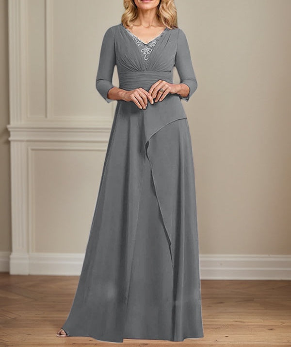 A-line V-Neck Floor-Length Chiffon Mother of the Bride Dress With Pleated Beading