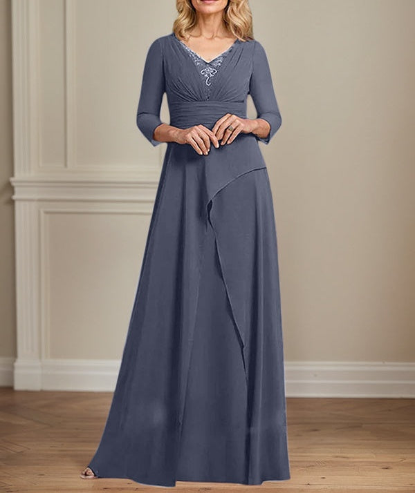 A-line V-Neck Floor-Length Chiffon Mother of the Bride Dress With Pleated Beading