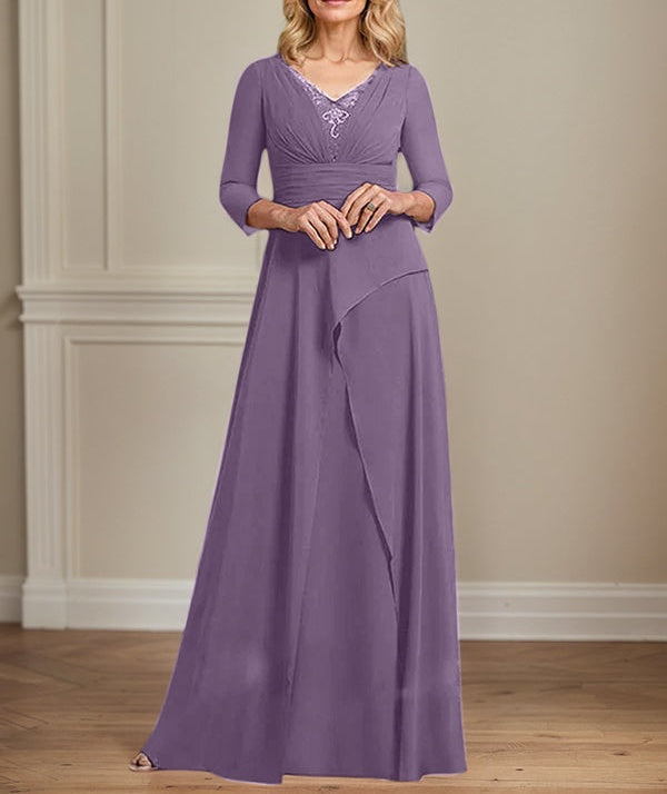 A-line V-Neck Floor-Length Chiffon Mother of the Bride Dress With Pleated Beading