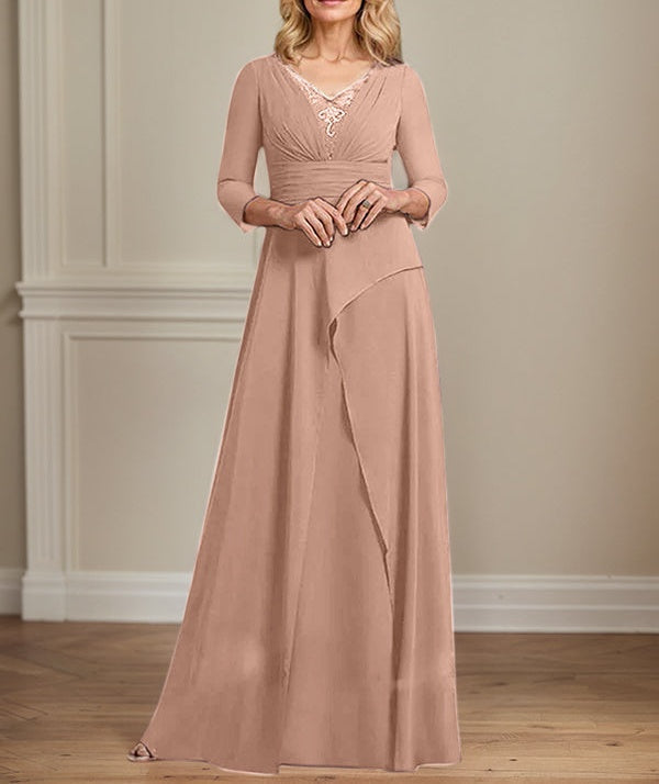 A-line V-Neck Floor-Length Chiffon Mother of the Bride Dress With Pleated Beading