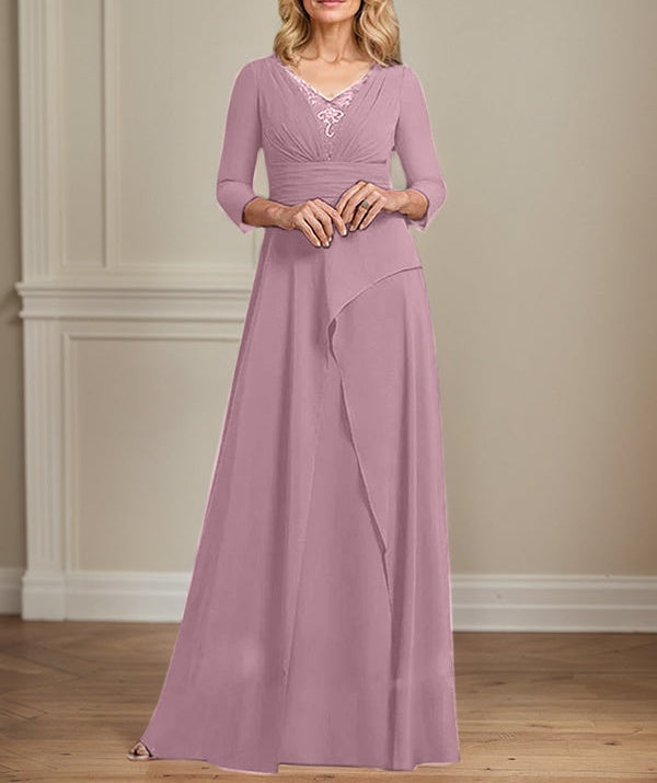 A-line V-Neck Floor-Length Chiffon Mother of the Bride Dress With Pleated Beading