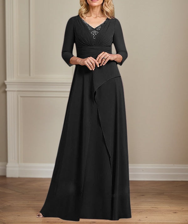 A-line V-Neck Floor-Length Chiffon Mother of the Bride Dress With Pleated Beading