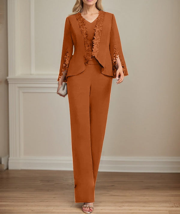 Separates Jumpsuit/Pantsuit V-Neck Floor-Length Chiffon Mother of the Bride Dress