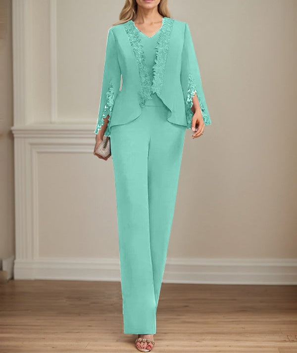 Separates Jumpsuit/Pantsuit V-Neck Floor-Length Chiffon Mother of the Bride Dress