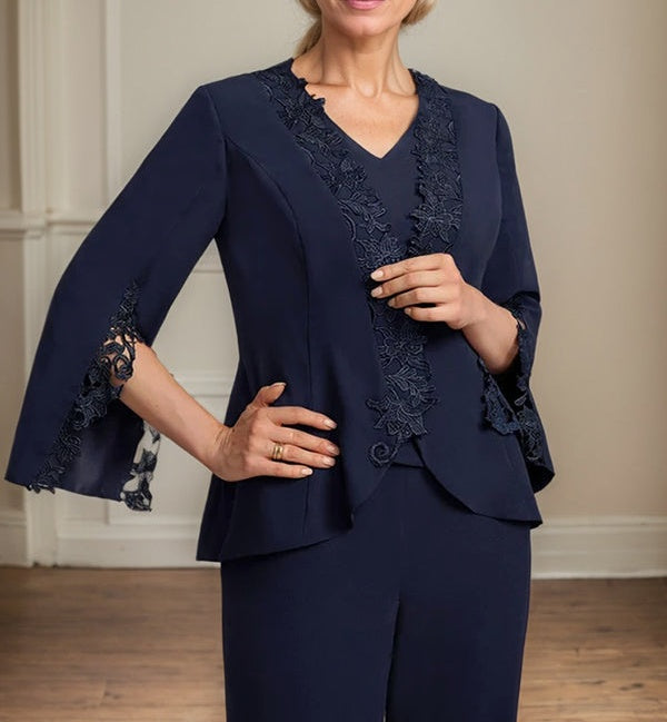 Separates Jumpsuit/Pantsuit V-Neck Floor-Length Chiffon Mother of the Bride Dress
