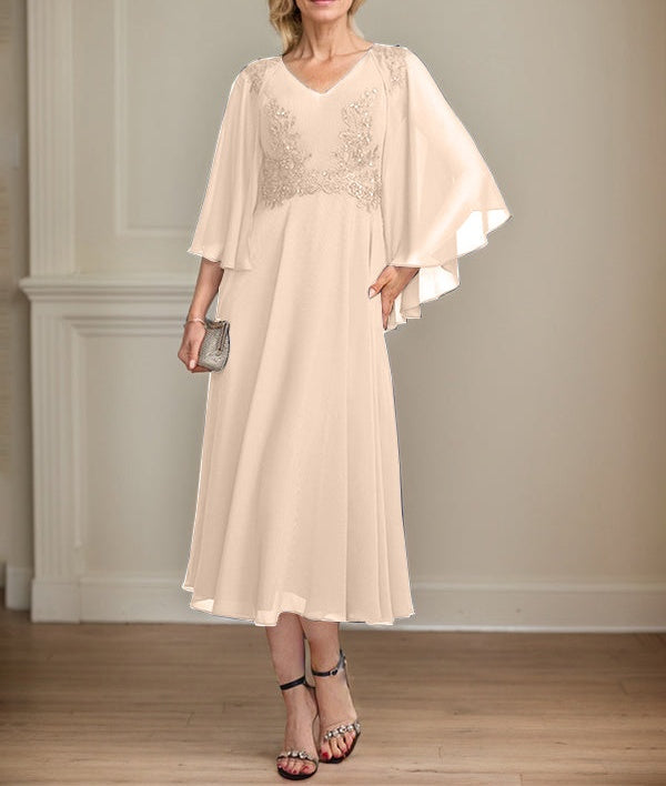A-line V-Neck Tea-Length Chiffon Lace Mother of the Bride Dress With Beading Sequins